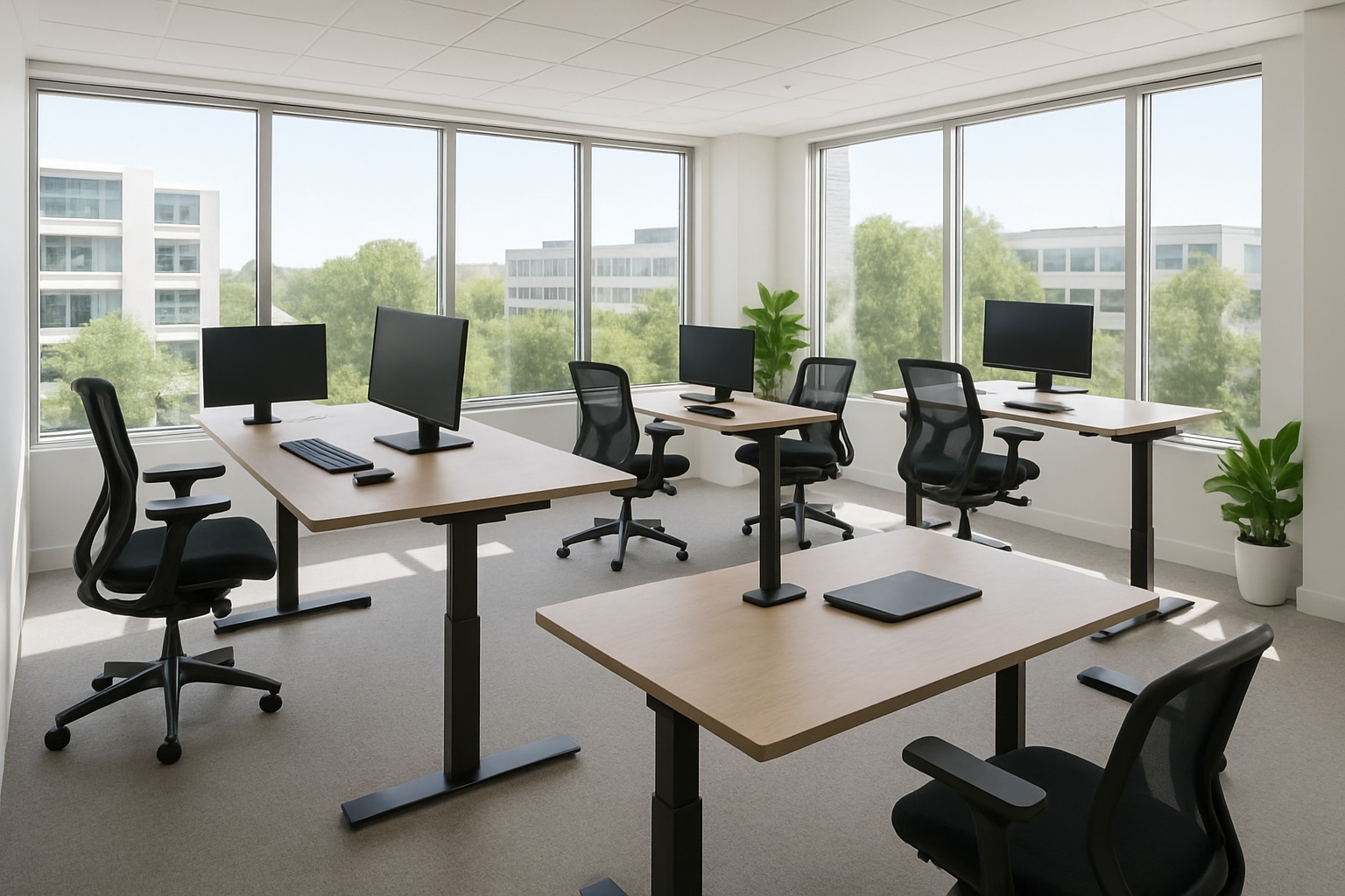 medium sized office with office chairs, sit stand desks and bright large windows